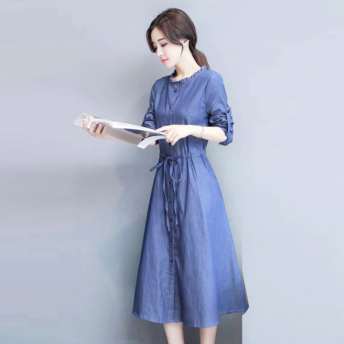 ĐẦM JEAN XÒE TAY DÀI CỔ BÈO TRÒN